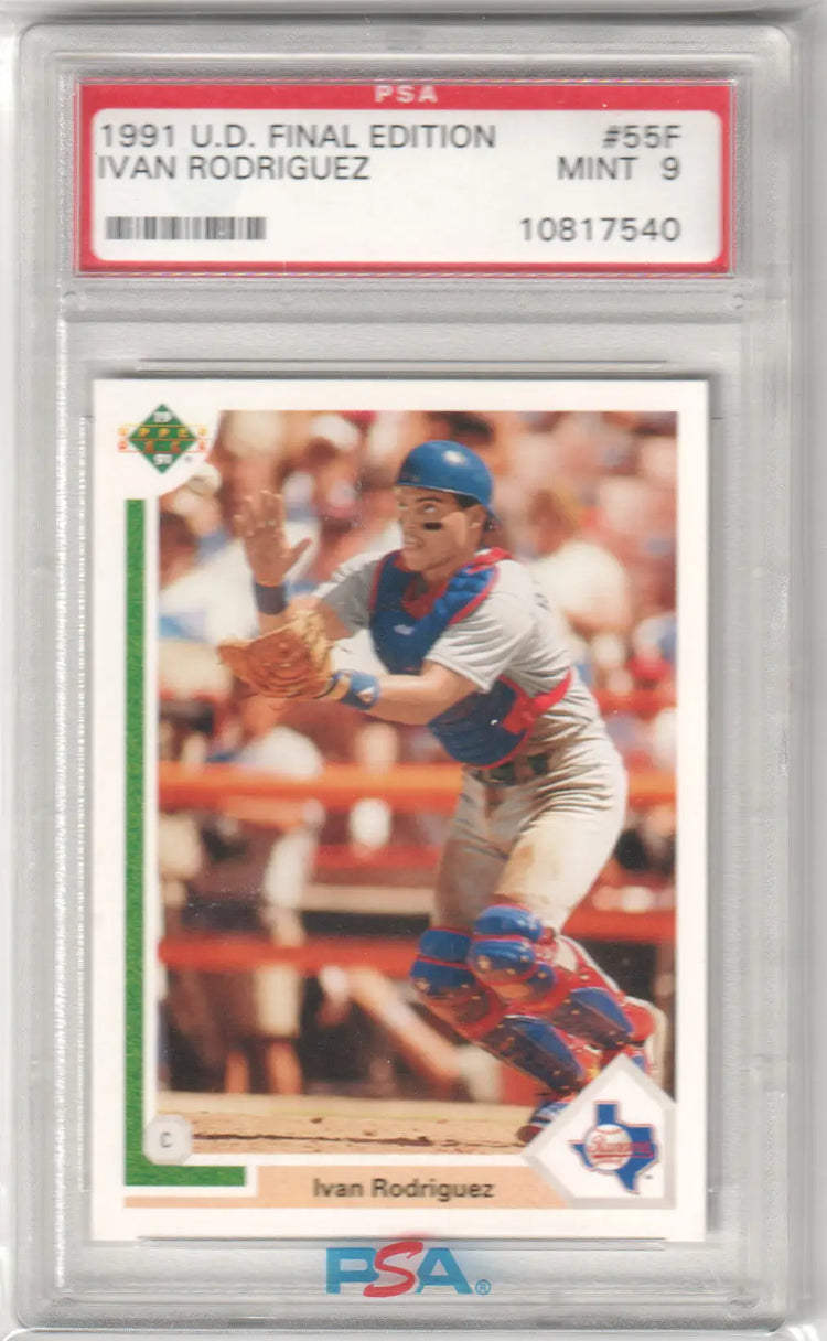 PSA graded 1991 Upper Deck Final Edition Ivan Rodriguez rookie card in protective case