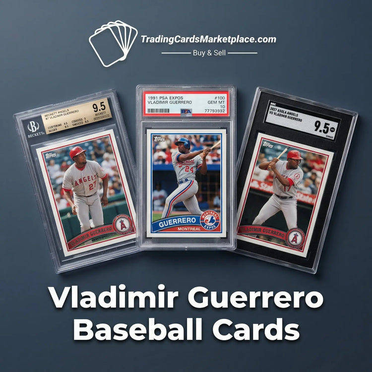Three graded vladimir guerrero baseball cards in protective slabs, featuring different designs and color schemes from topps.
