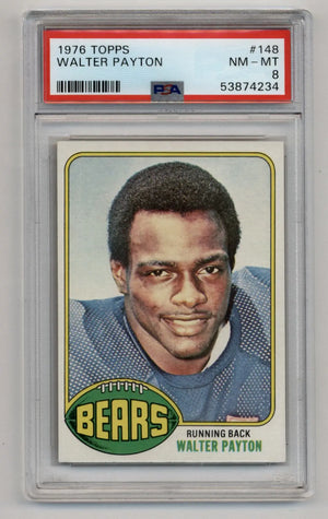 1976 topps walter payton #148 football trading card, graded nm-mt 8 by psa.