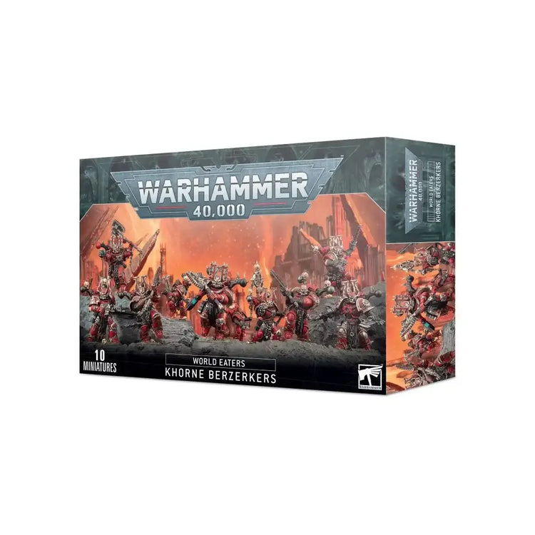 Warhammer 40,000 box containing ten red and black armored miniature figures of the khorne berzerkers.