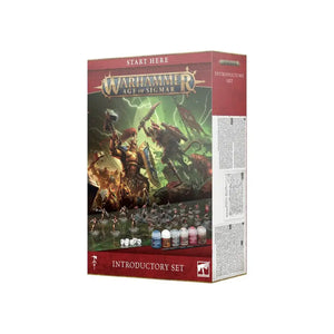 Red and white box for the warhammer age of sigmar introductory set featuring painted miniatures, dice, and paint pots.
