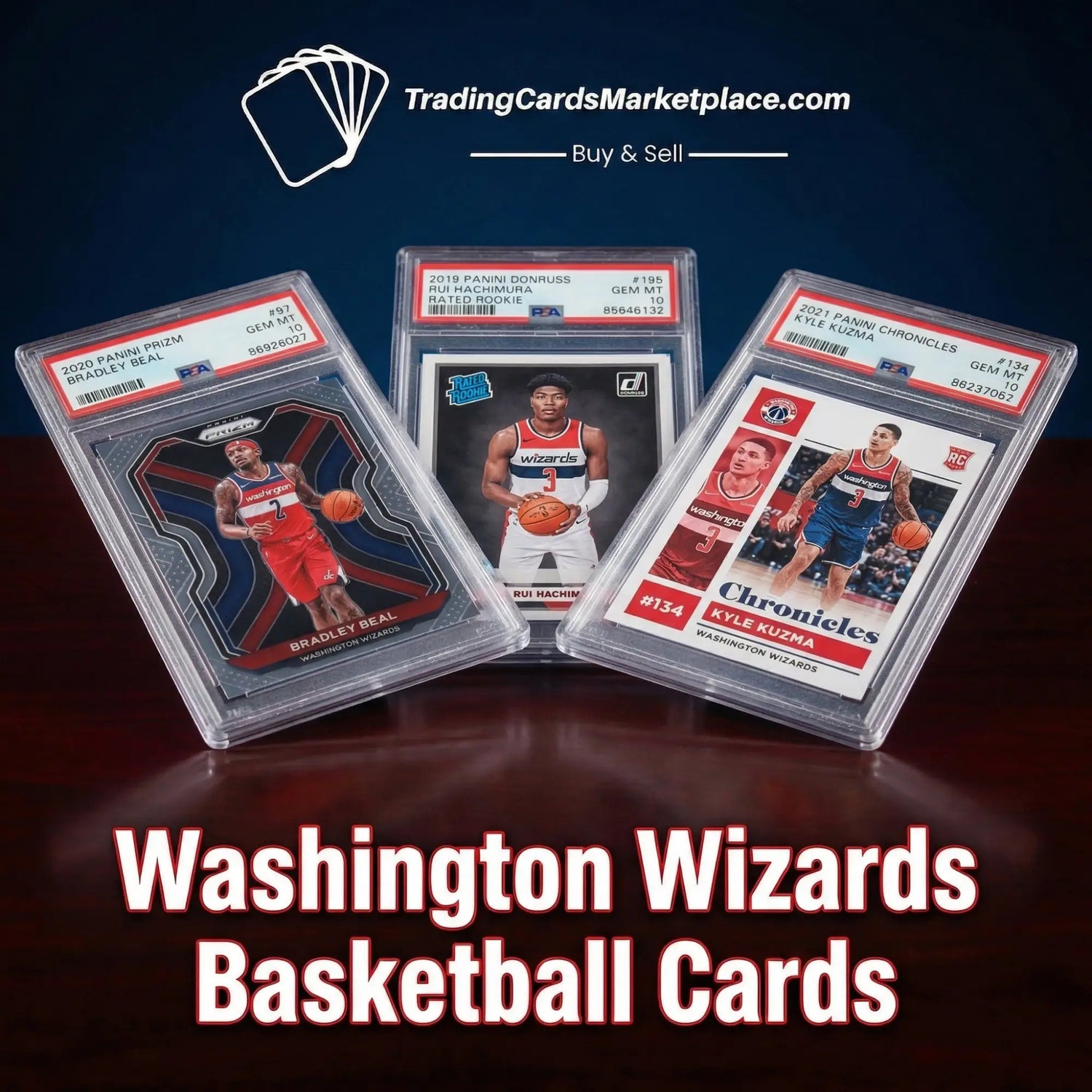 Three graded washington wizards basketball trading cards in clear protective slabs, featuring bradley beal, rui hachimura, and kyle kuzma.