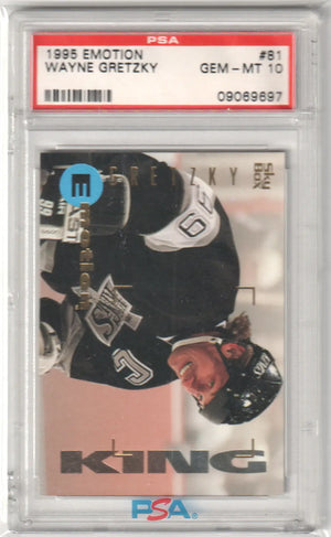 1995 emotion wayne gretzky hockey trading card, graded psa gem-mt 10, featuring the ’king’ in a black and white uniform with gold accents.