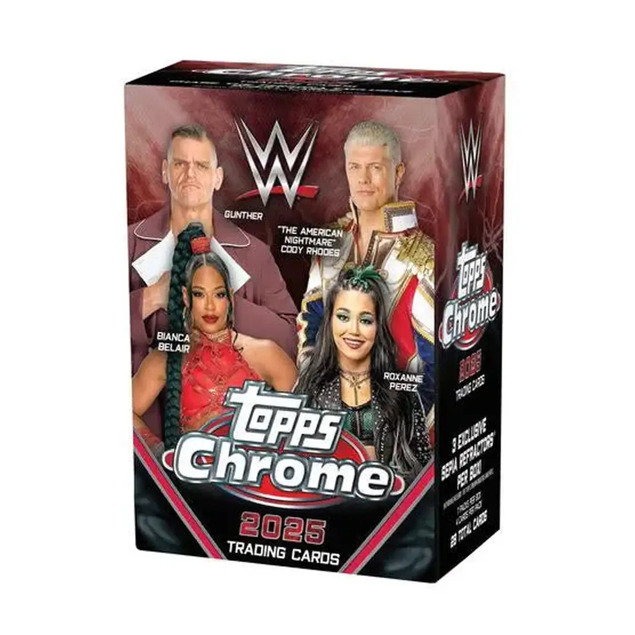 2025 topps chrome wwe trading card box featuring gunther, bianca belair, ’the american nightmare’ cody rhodes, and roxanne perez on a maroon and black design.