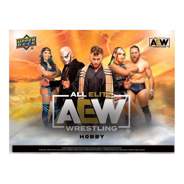 Upper deck aew wrestling hobby trading card pack featuring five wrestlers against a fiery orange and yellow background.