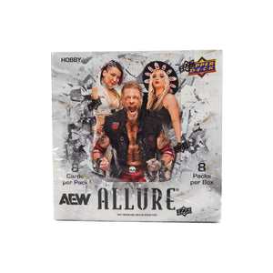 Silver and black aew allure trading card box featuring three wrestlers in dynamic poses against a shattered glass design.