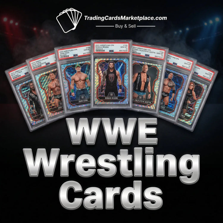 A collection of glossy, holographic wwe wrestling trading cards in protective sleeves.