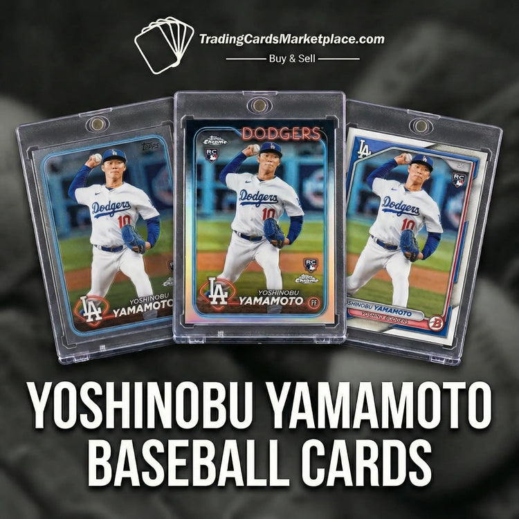 Three clear plastic protective cases each hold a baseball card featuring yoshinobu yamamoto in his dodgers uniform, with the central card displaying ’dodgers’ and ’rc’ branding.