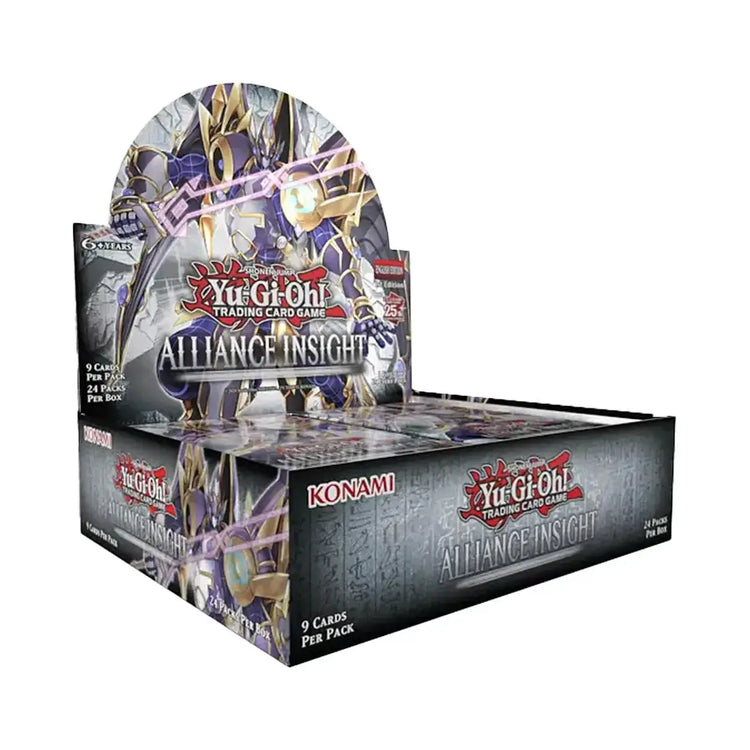 Black and silver yu-gi-oh! Alliance insight trading card game display box featuring a golden and purple armored character on the front.