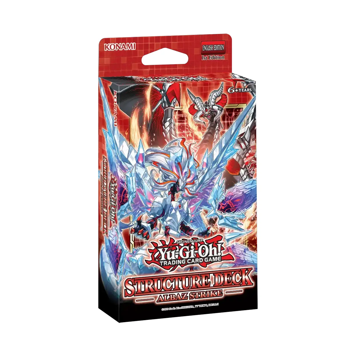 Red and black cardboard box featuring a vibrant illustration of the yu-gi-oh! Card game’s ’structure deck: alraz strike’ with icy blue, silver, and purple monster artwork.