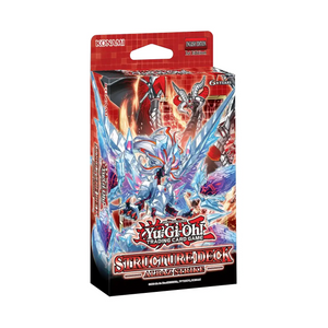 Red and black cardboard box featuring a vibrant illustration of the yu-gi-oh! Card game’s ’structure deck: alraz strike’ with icy blue, silver, and purple monster artwork.