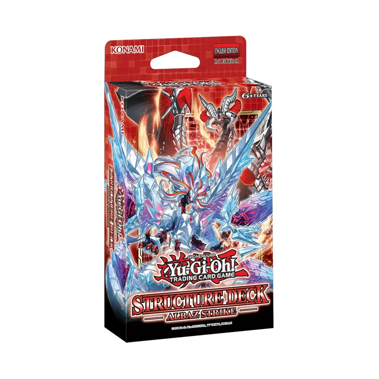Red and black cardboard box featuring a vibrant illustration of the yu-gi-oh! Card game’s ’structure deck: alraz strike’ with icy blue, silver, and purple monster artwork.