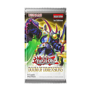 A vibrant, foil-backed yu-gi-oh! Trading card pack featuring a dynamic illustration of the monster ’doom of dimensions’ in blue and purple armor with gold accents.