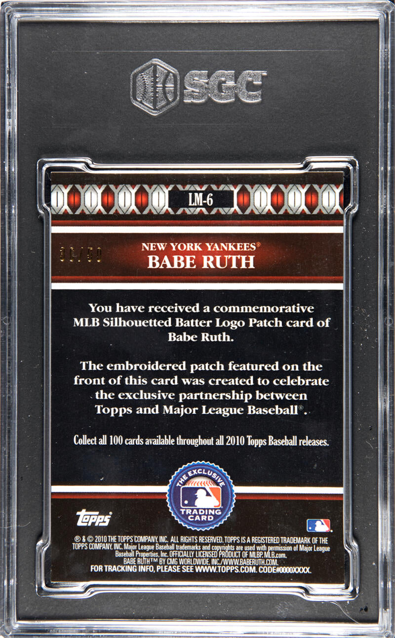 2010 Topps Manufactured MLB Logoman Patch #LM-6 Babe Ruth SGC 8.5 NM/MT+ 36/50 Baseball Card Image 2