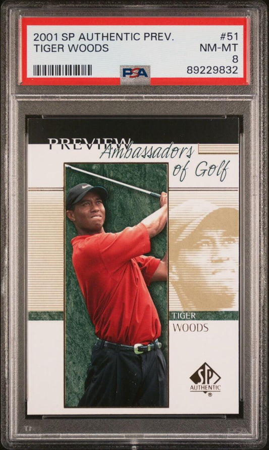 2001 Upper Deck SP Authentic Preview #21 Tiger Woods PSA 8 NM-MT Golf Card Image 1