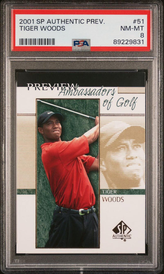 2001 Upper Deck SP Authentic Preview #21 Tiger Woods PSA 8 NM-MT Golf Card Image 1