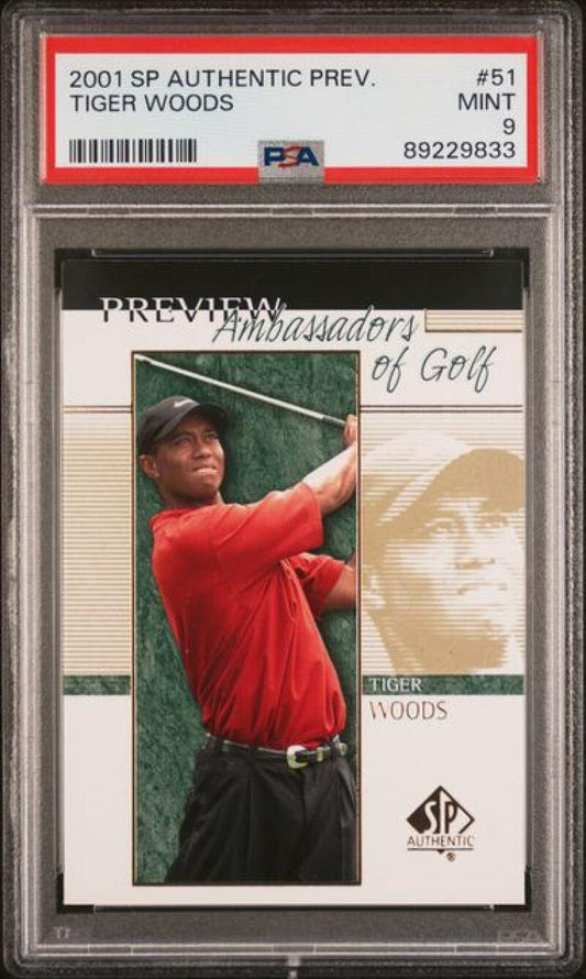 2001 Upper Deck SP Authentic Preview #21 Tiger Woods PSA 9 MINT Golf Card Image 1