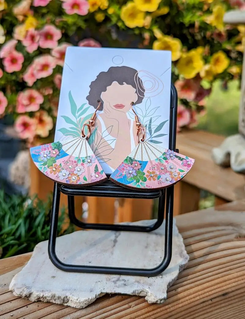 Single-Sided Wooden Oriental Fan Earrings - Handmade