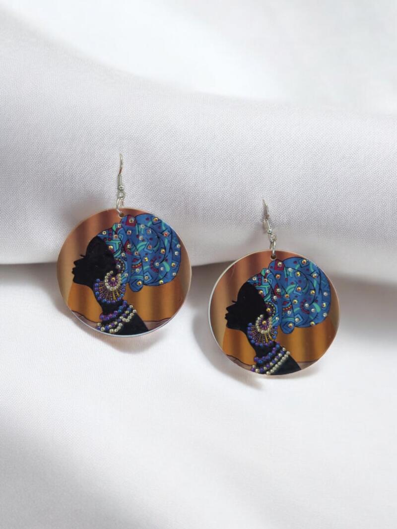 African Woman Rhinestone wooden Earrings Lightweight