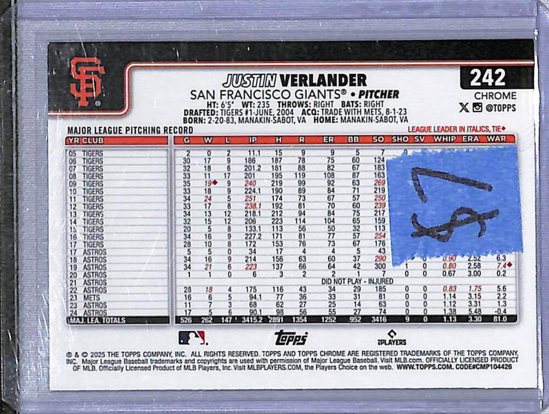 2025 Topps Chrome Turquoise #242 Justin Verlander NM-MT 178/299 San Francisco Giants  Image 2
