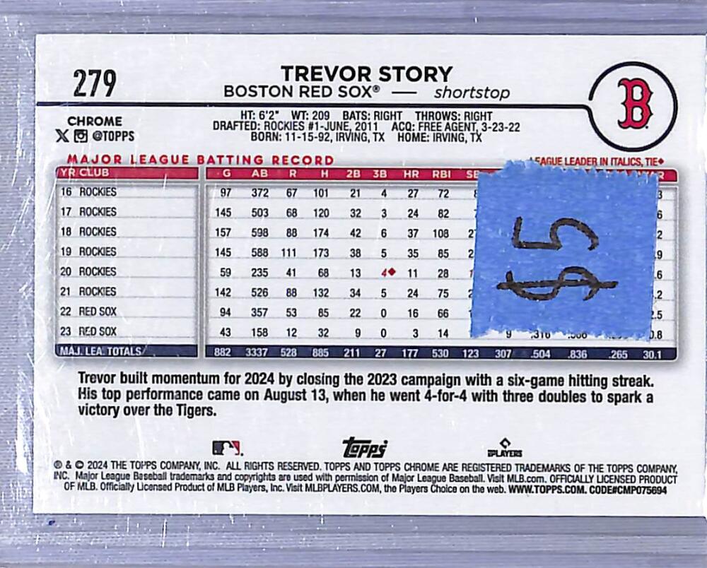 2024 Topps Chrome Purple #279 Trevor Story NM-MT 11/275 Boston Red Sox  Image 2