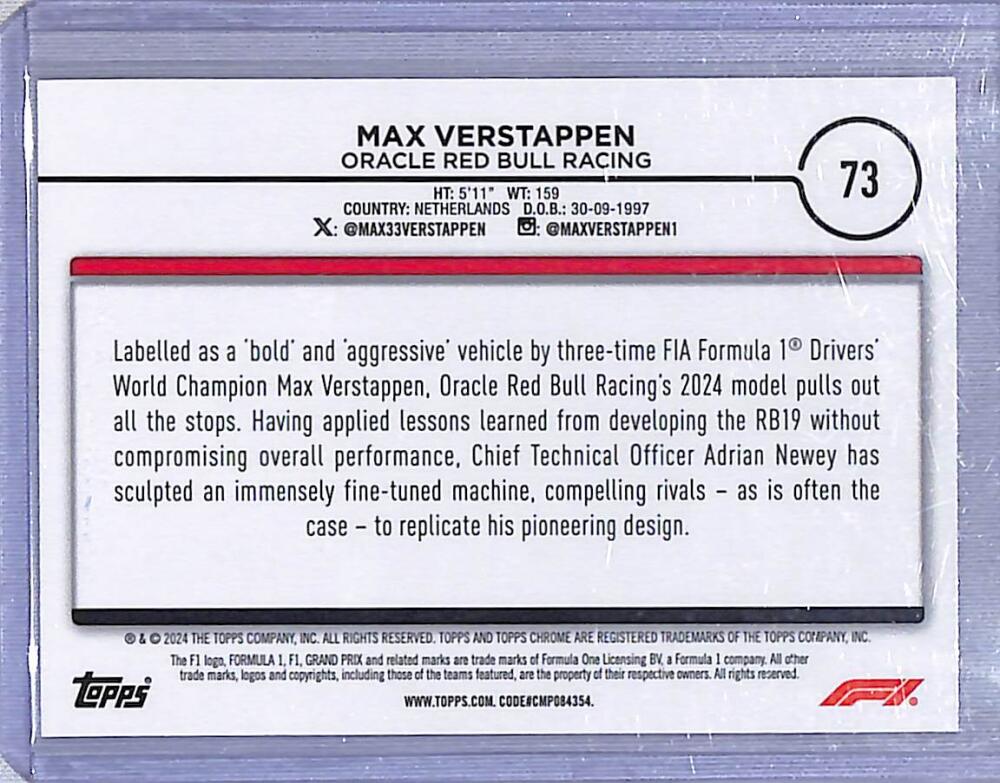2024 Topps Chrome F1 Negative Ray-Wave #73 Max Verstappen NM-MT  Image 2