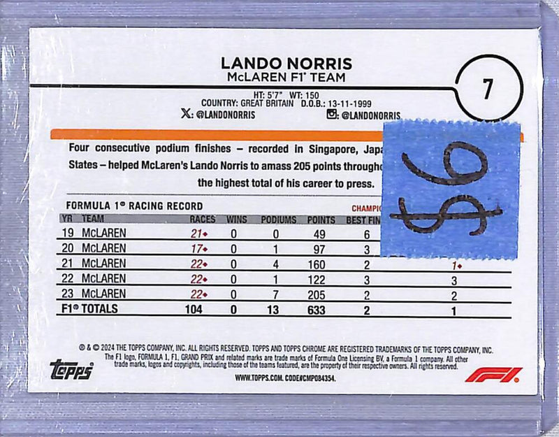 2024 Topps Chrome F1 Negative Ray-Wave #7 Lando Norris NM-MT  Image 2