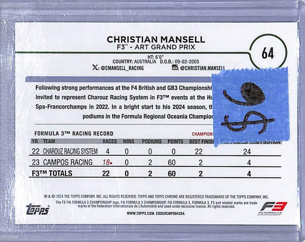 2024 Topps Chrome F1 Negative Ray-Wave #64 Christian Mansell NM-MT  Image 2
