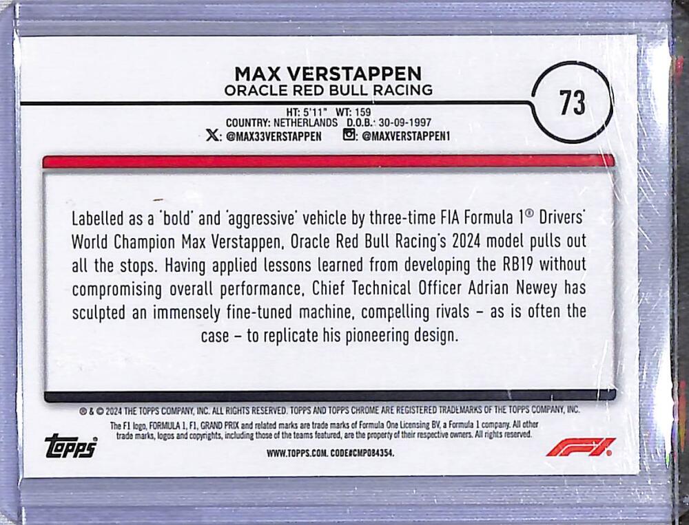 2024 Topps Chrome F1 Negative Ray-Wave #73 Max Verstappen NM-MT  Image 2