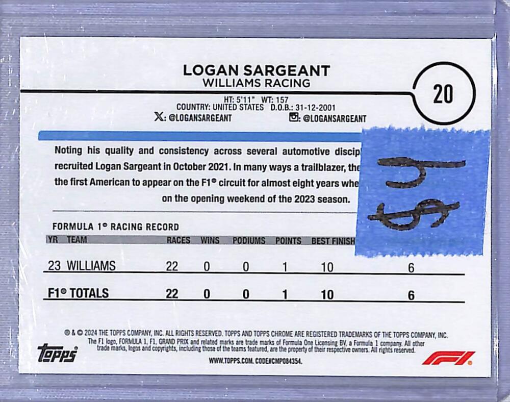 2024 Topps Chrome F1 Sepia #20 Logan Sargeant NM-MT  Image 2