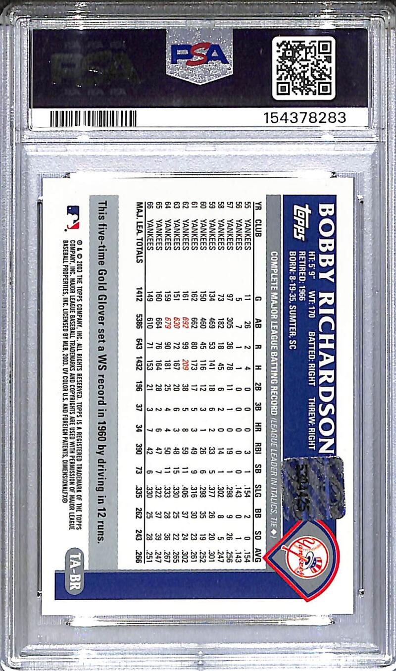 2003 Topps Retired Signature Edition #TA-BR Bobby Richardson PSA 10 GEM MINT Auto New York Yankees  Image 2