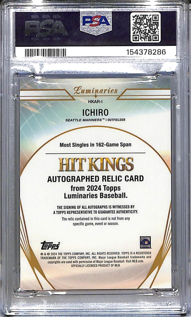 2024 Topps Luminaries Hit Kings Blue #HKAR-I Ichiro PSA 9 MINT MEM Auto 2/10 Seattle Mariners  Image 2