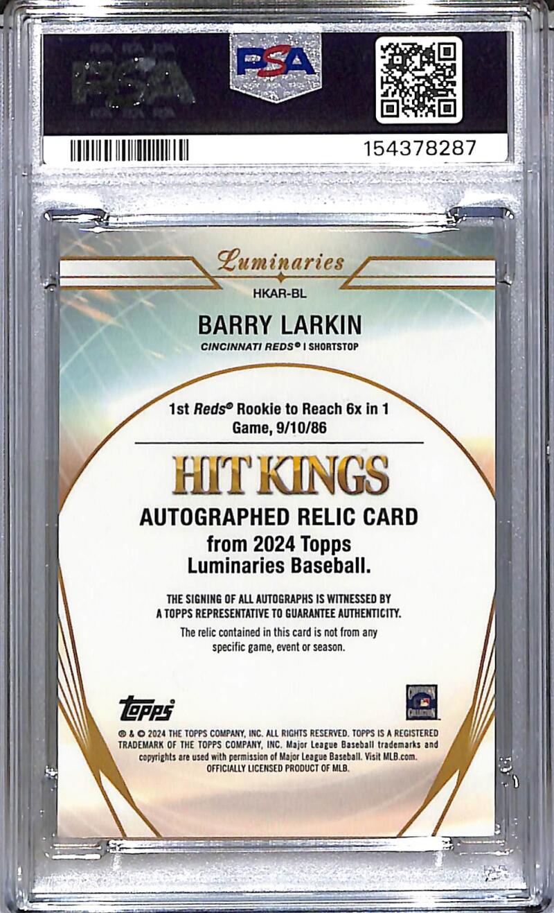 2024 Topps Luminaries Hit Kings #HKAR-BL Barry Larkin PSA 9 MINT MEM Auto 3/15 Cincinnati Reds  Image 2