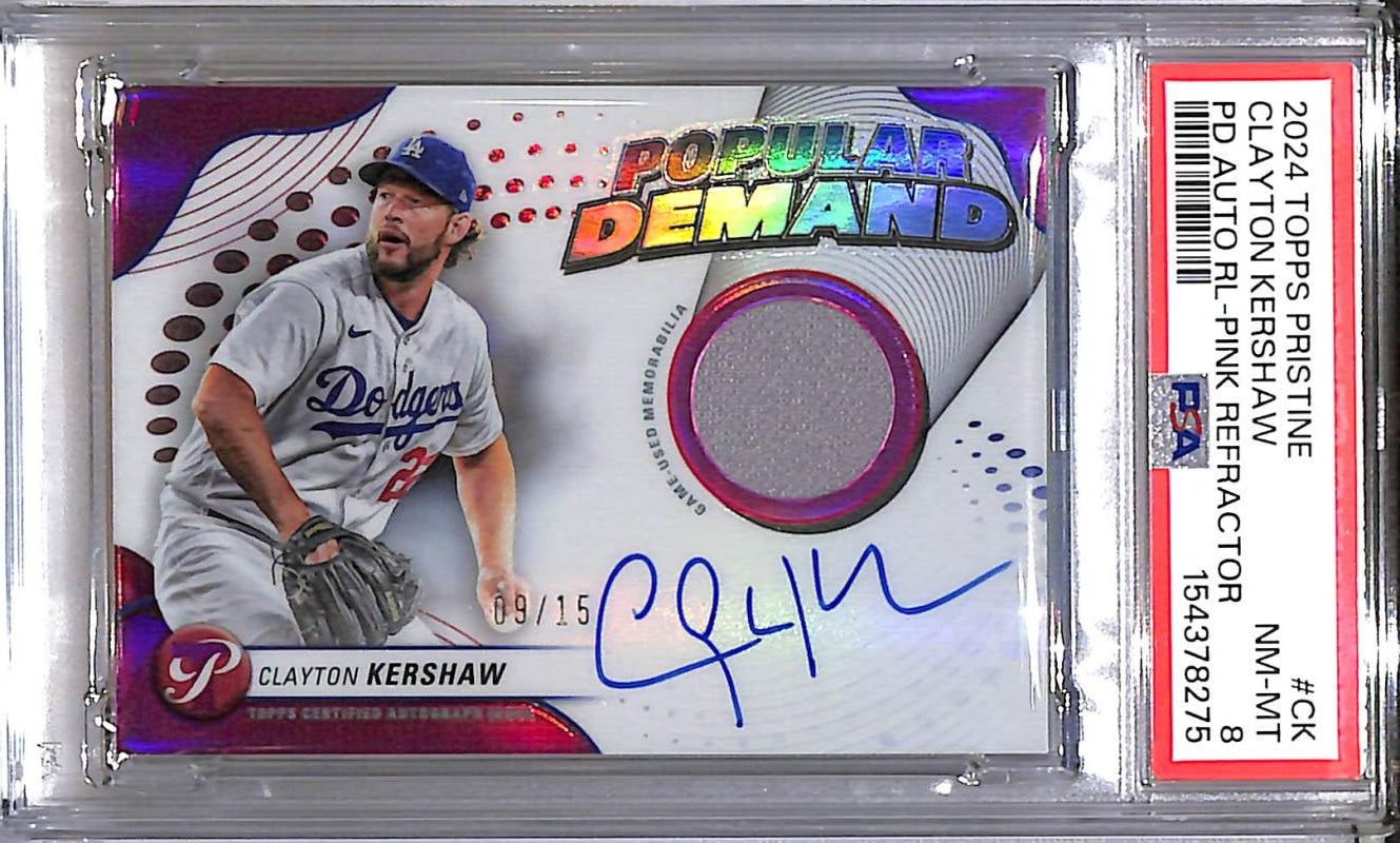 2024 Topps Pristine Popular Demand Pink #DPAR-CK Clayton Kershaw PSA 8 NM-MT MEM Auto 9/15 Los Angeles Dodgers  Image 1