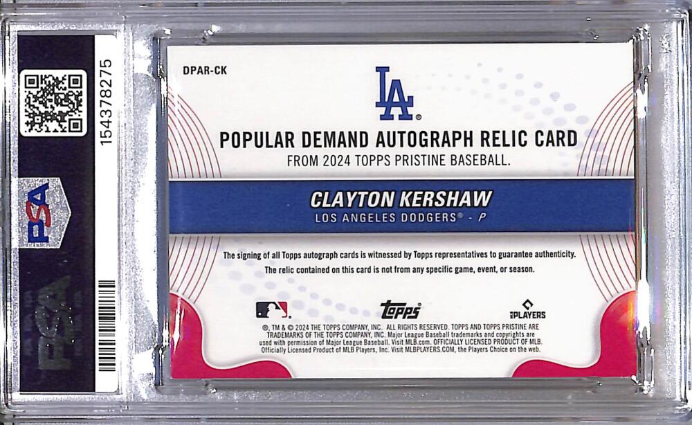 2024 Topps Pristine Popular Demand Pink #DPAR-CK Clayton Kershaw PSA 8 NM-MT MEM Auto 9/15 Los Angeles Dodgers  Image 2