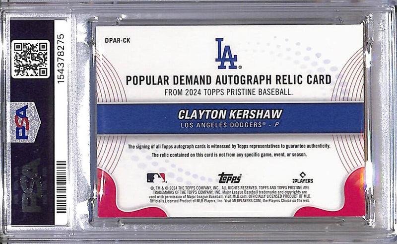 2024 Topps Pristine Popular Demand Pink #DPAR-CK Clayton Kershaw PSA 8 NM-MT MEM Auto 9/15 Los Angeles Dodgers  Image 2