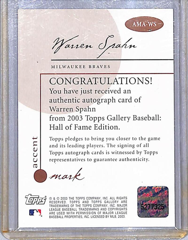 2003 Topps Gallery Hall Of Fame #AMA-WS Warren Spahn NM-MT Auto Milwaukee Braves  Image 2