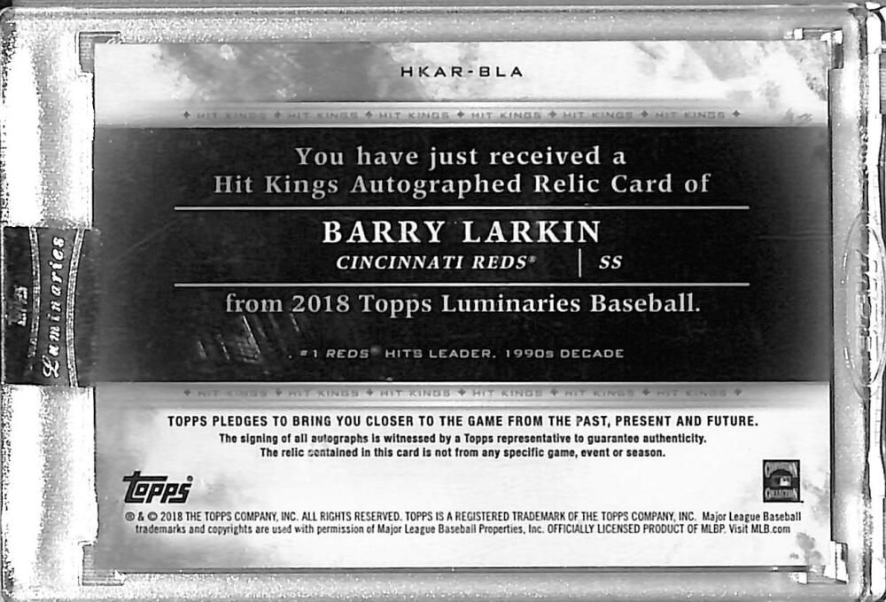 2018 Topps Luminaries Hit Kings #HKAR-BLA Barry Larkin NM-MT MEM Auto 9/15 Cincinnati Reds  Image 2