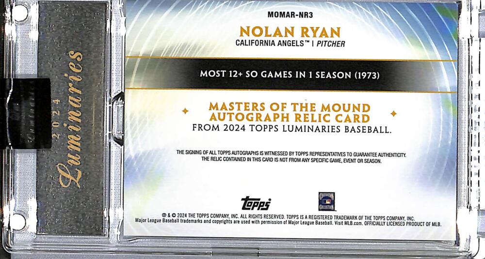 2024 Topps Luminaries Masters Of The Mound #MOMAR-NR3 Nolan Ryan NM-MT MEM Auto 7/25 California Angels  Image 2
