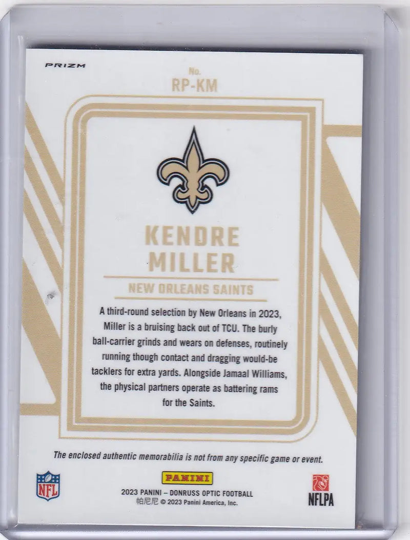 2023 DONRUSS OPTIC #RP-KM KENDRE MILLER PHEHOM PATCH- NEW ORLEANS SAINTS - Football Card Single