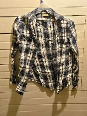 Sonoma Flannel Shirt Womens M Blue White Plaid Button Front Distressed Hole - Apparel