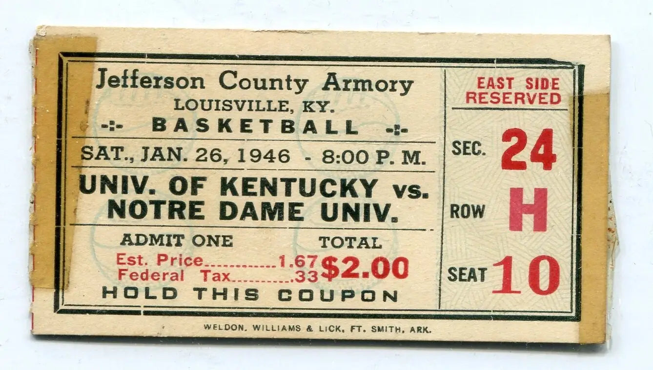 1/26/1946 Univ Kentucky Wildcats Basketball Ticket stub Notre Dame Adolph Rupp