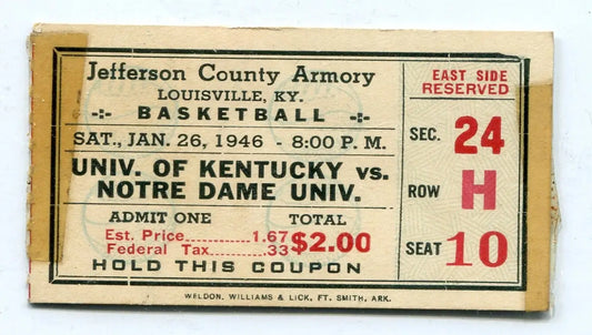 1/26/1946 Univ Kentucky Wildcats Basketball Ticket stub Notre Dame Adolph Rupp