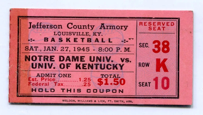 1/27/1945 Univ Kentucky Wildcats Basketball Ticket stub Notre Dame Adolph Rupp - Sports Memorabilia
