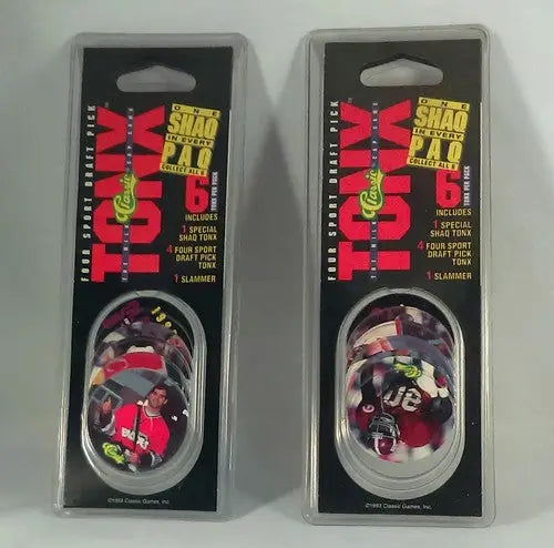 Two packs of Tony Tuna pogs with original gloss for The Classic Milk Cap Game featuring Shaquille ONeal