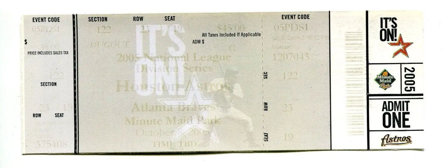 2005 Astros baseball ticket featuring Biggio, Andruw, and Chipper for baseball cards collectors