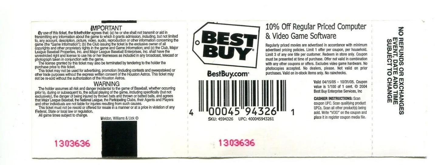 Best Buy discount coupon for 10/8/2005 Astros Braves baseball cards ticket