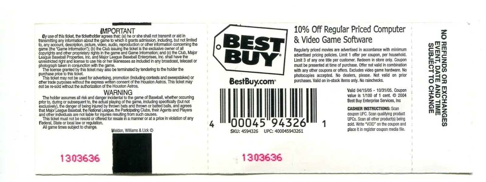 Best Buy discount coupon for 10/8/2005 Astros Braves baseball cards ticket
