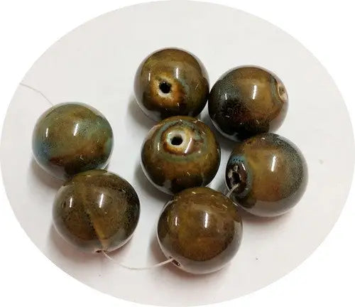 Dark Honey Aqua Blue Ceramic Beads featuring glossy dark green and brown hues