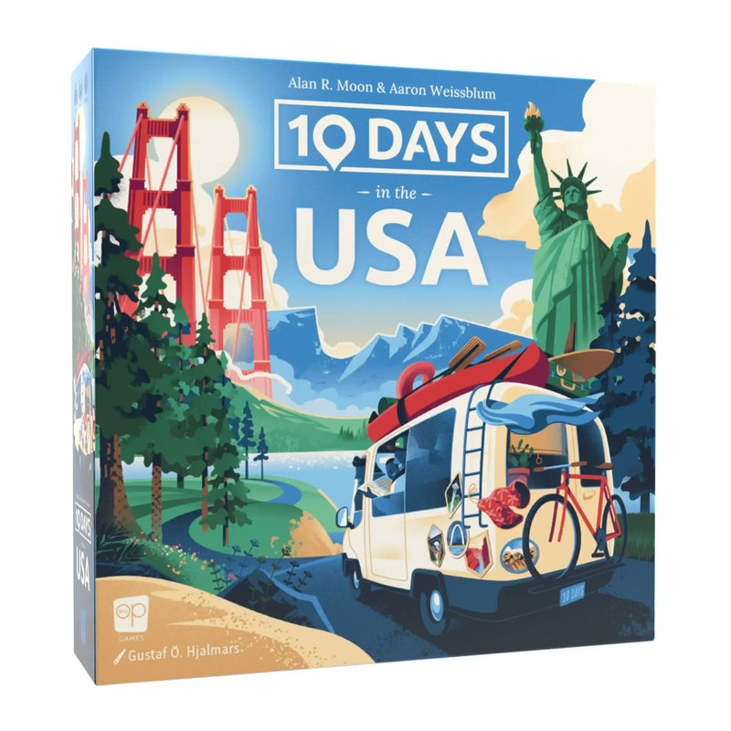 Board game box 10 Days in the USA featuring camper van and American landmarks artwork